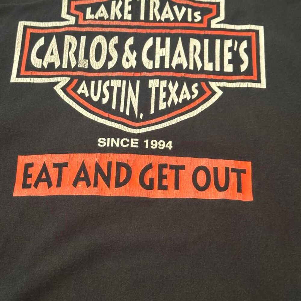Carlos ’n Charlie’s Lake Travis Austin Texas Tee Men’s XL Black Hanes Y2K